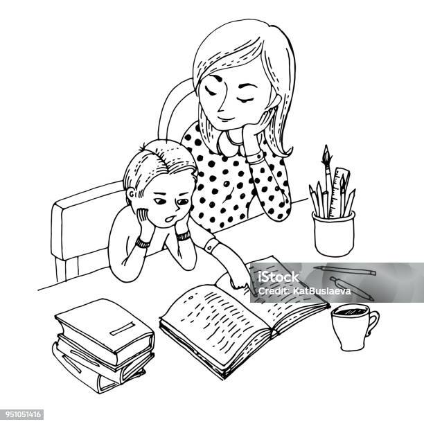 Black And White Vector Illustration For Coloring Book Mother Teaching Her Little Son Home Education Stock Illustration - Download Image Now