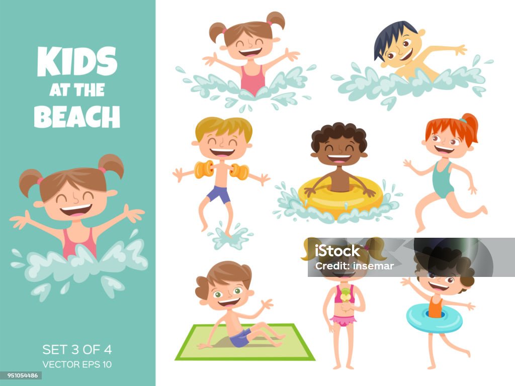 Collection of kids playing at the beach. Collection of kids playing at the beach. Cartoon characters isolated on white. Funny boys and girls swimming, running, jumping, sunbathing and eating an ice cream. Set 3 of 4. Swimming stock vector