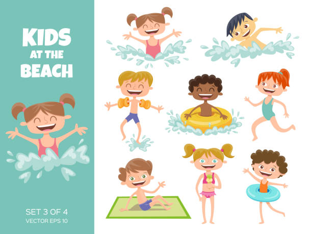 Collection of kids playing at the beach. Collection of kids playing at the beach. Cartoon characters isolated on white. Funny boys and girls swimming, running, jumping, sunbathing and eating an ice cream. Set 3 of 4. beach play stock illustrations