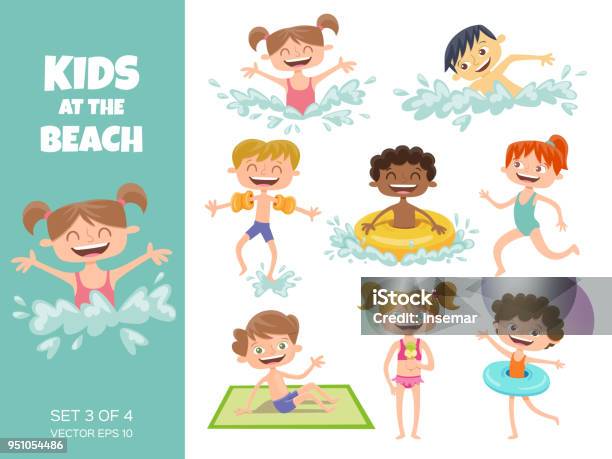 Collection Of Kids Playing At The Beach Stock Illustration - Download Image Now - Swimming, Child, Swimming Pool