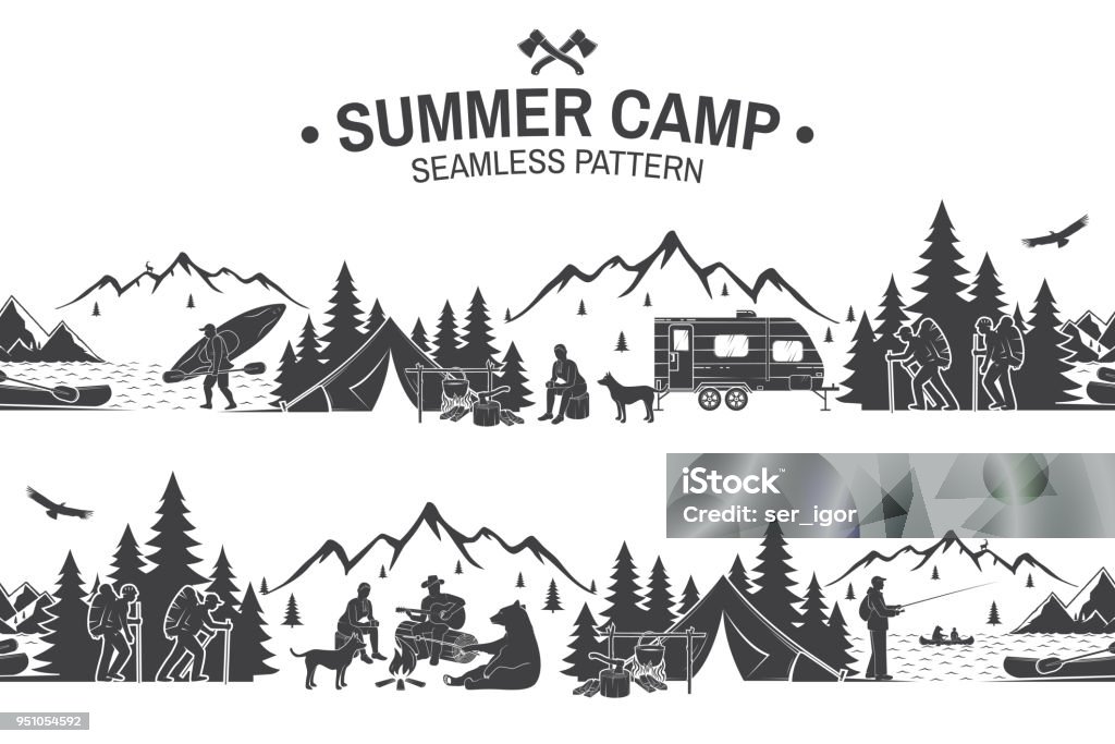 夏キャンプのシームレスなパターン。ベクトル図 - キャンプするのロイヤリティフリーベクトルアート