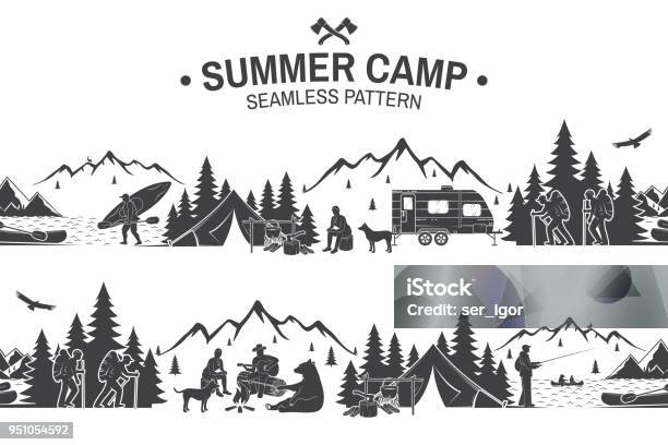 夏キャンプのシームレスなパターンベクトル図 - キャンプするのベクターアート素材や画像を多数ご用意 - キャンプする, イラストレーション, 山