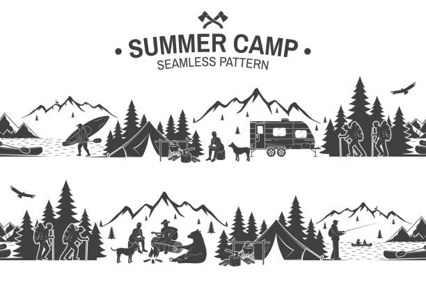 Summer camp seamless pattern. Vector illustration Summer camp seamless pattern. Vector illustration. Outdoor adventure background for wallpaper or wrapper. Seamless scene with mountains, bear, dog, girl, man with guitar sitting around campfire. camping illustrations stock illustrations