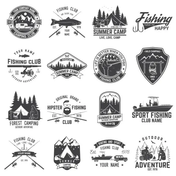 Vector illustration of Set of fishing and camping club badge. Vector illustration