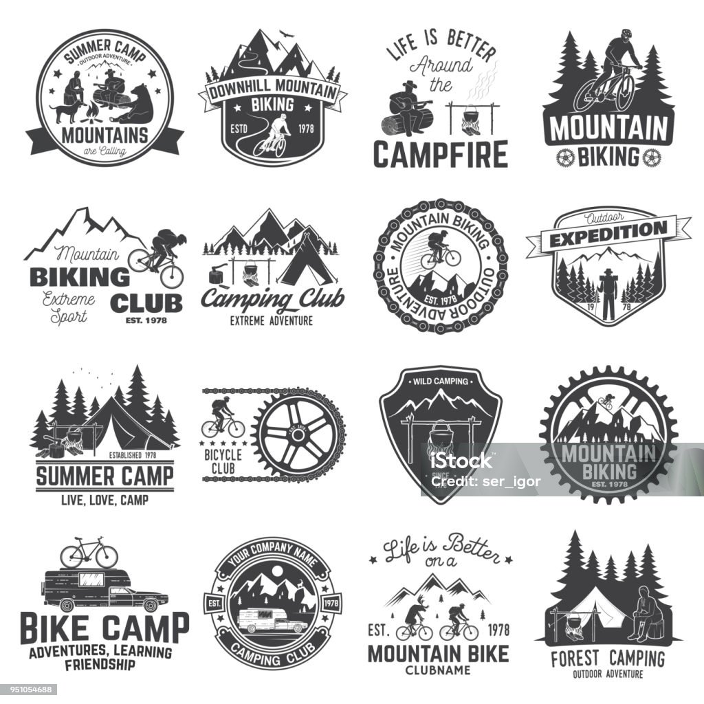 Set of Mountain biking and camping club badge. Vector Set of Mountain biking and camping club badge. Vector. Concept for shirt, print, stamp or tee. Vintage typography design with mountain camp and mountain biker club silhouette. Extreme adventure. Logo stock vector