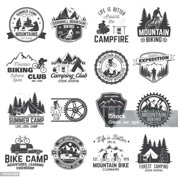 Set Of Mountain Biking And Camping Club Badge Vector Stock Illustration - Download Image Now