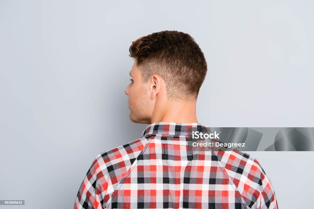 Back View Of Young Guy In Chekered Shirt On Gray Background Stock Photo - Download Image Now - iStock Back View Of Young Guy In Chekered Shirt On Gray Background Stock Photo - Download Image Now - iStock