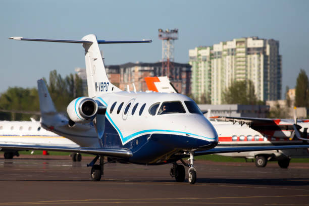 M-VBPO Raytheon 390 Premier 1A business aircraft running to the parking stock photo