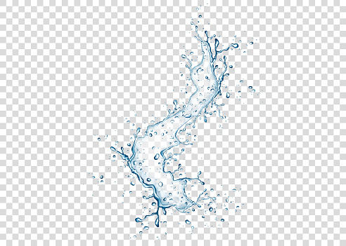 Blue water splash and drops isolated on transparent background. Vector.