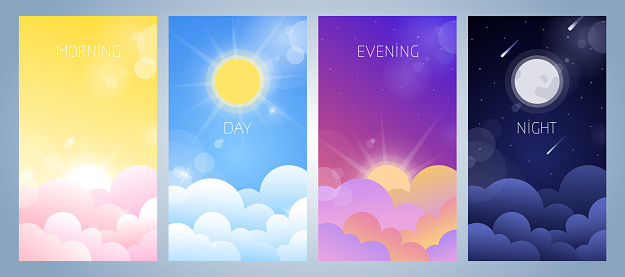 Set of morning, day, evening and night sky illustration with sun, clouds, moon and stars, sunset and sunrise. Weather app screen, mobile interface design