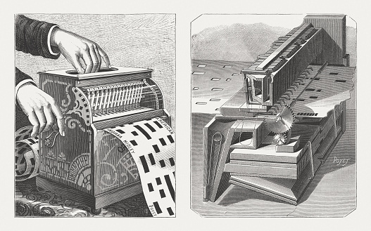 American barrel organ with punched tape technique - Automatic musical instrument from the 19th century. Right side: The inside mechanism. Wood engravings, published in 1888.
