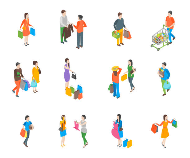 illustrazioni stock, clip art, cartoni animati e icone di tendenza di shopping people icone 3d set isometric view. vettore - shopping bag illustrations