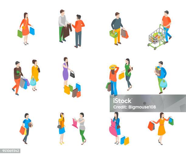 Shopping People Icone 3d Set Isometric View Vettore - Immagini vettoriali stock e altre immagini di Assonometria