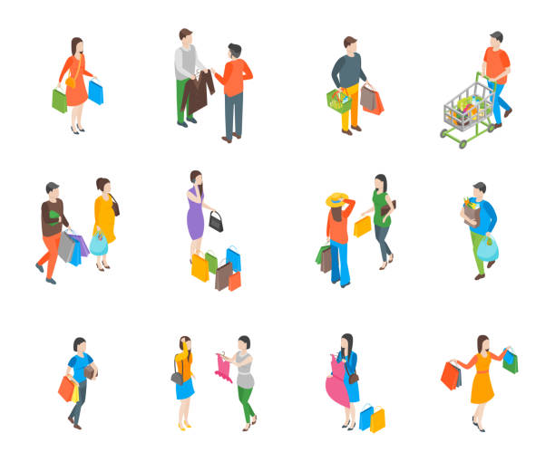 ilustrações de stock, clip art, desenhos animados e ícones de shopping people 3d icons set isometric view. vector - food shopping