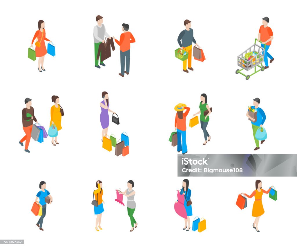 Shopping People 3d Icons Set Isometric View. Vector Shopping People 3d Icons Set Isometric View Include of Bag, Cart, Clothes, Couple, Gift and Trolley. Vector illustration Isometric Projection stock vector