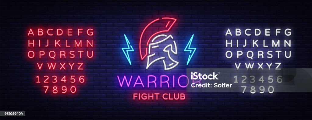 Fight Club neon sign. Warrior logo in neon style. Design template, sports logo, Spartan warrior. Night Fight, MMA. Light banner, bright night neon advertisement. Vector. Editing text neon sign Fight Club neon sign. Warrior logo in neon style. Design template, sports logo, Spartan warrior. Night Fight, MMA. Light banner, bright night neon advertisement. Vector. Editing text neon sign. Boxing - Sport stock vector