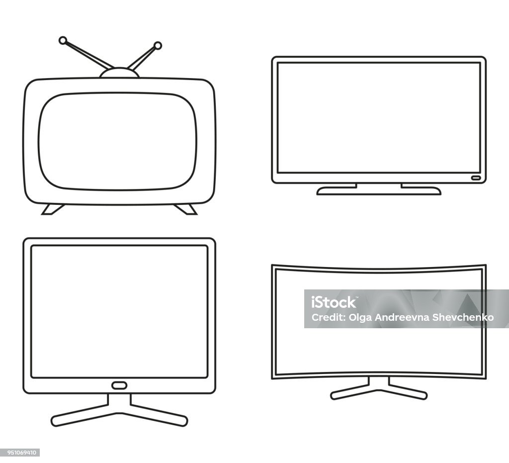 Line art black and white modern tv set Line art black and white modern tv set. Media theme vector illustration for icon, sticker sign, patch, certificate badge, gift card, stamp logo, label, poster, web banner, flayer invitation Television Industry stock vector