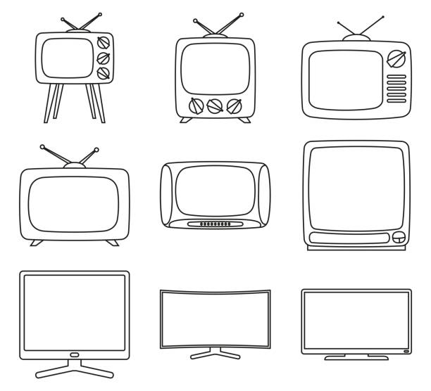 Line art black and white 9 element tv set Line art black and white 9 element tv set. Coloring page for adults and kids. Media theme vector illustration for icon, sticker sign, patch, certificate badge, gift card, label, poster, flayer invitation television industry illustrations stock illustrations
