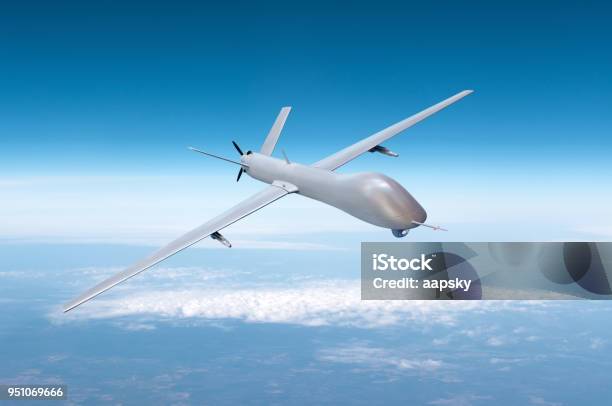 Unmanned Military Drone On Patrol Air Territory At High Altitude Stock Photo - Download Image Now