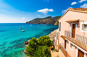 Idyllic sea view at the coast on Majorca island, beautiful seaside bay of Camp de Mar