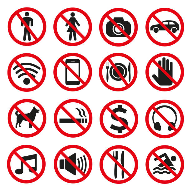 ilustraciones, imágenes clip art, dibujos animados e iconos de stock de señales de prohibición establecer seguridad sobre fondo blanco. - mobile phone telephone exclusion forbidden