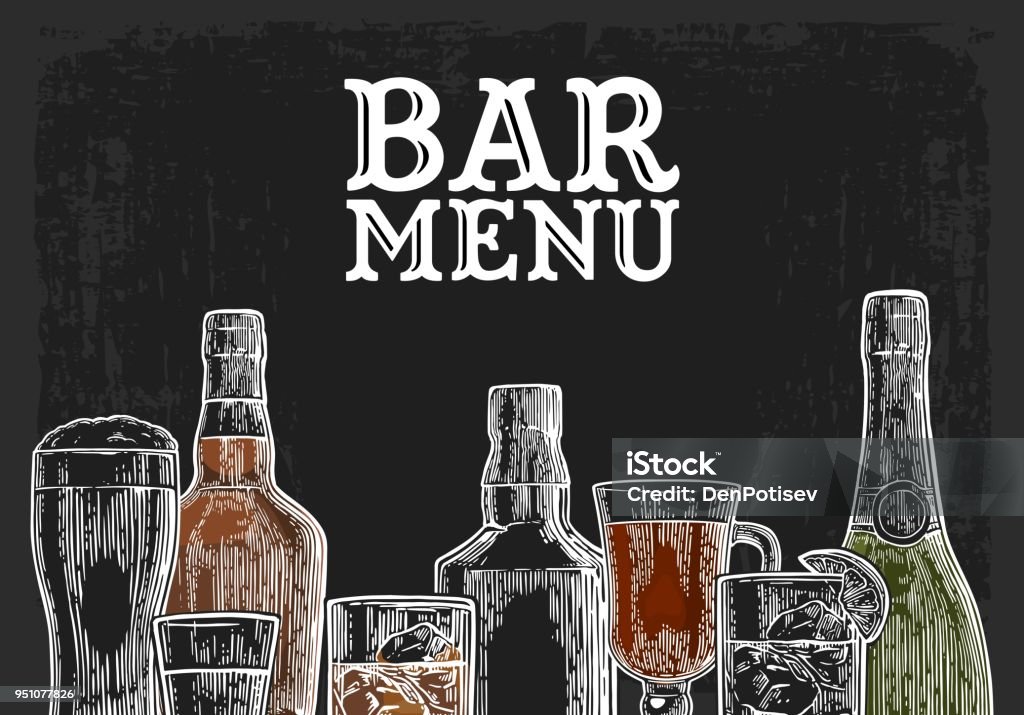 Template for Bar menu alcohol drink. Template for Bar menu alcohol drink. Bottle and glass beer, gin, wine, whiskey, tequila. Vintage color vector engraving illustration for label, poster, invitation to party. Isolated on dark chalkboard Bar - Drink Establishment stock vector