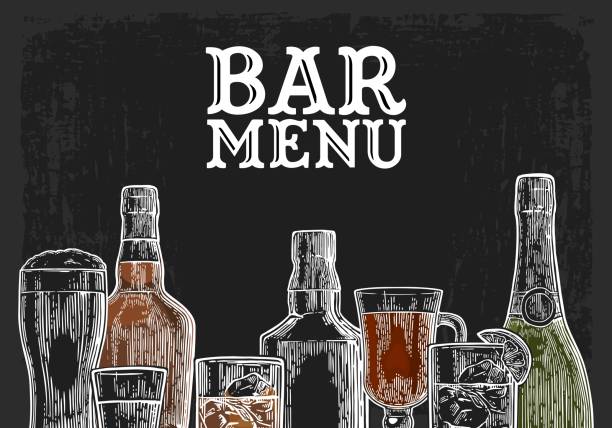 Template for Bar menu alcohol drink. Template for Bar menu alcohol drink. Bottle and glass beer, gin, wine, whiskey, tequila. Vintage color vector engraving illustration for label, poster, invitation to party. Isolated on dark chalkboard happy hour illustrations stock illustrations