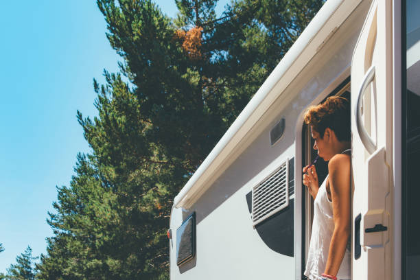 istock Girl brushes her teeth in a motor home 951081170