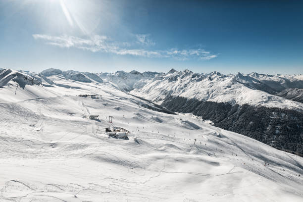 Ski area Jakobshorn with Jatzhütte at Davos, Switzerland stock photo