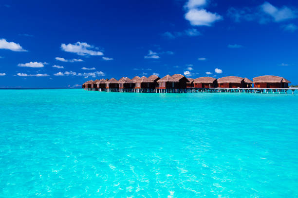istock Overwater villas in blue tropical lagoon 951087600