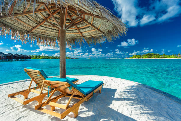 istock Two beach chairs under umbrella with ocean view in Maldives 951088470