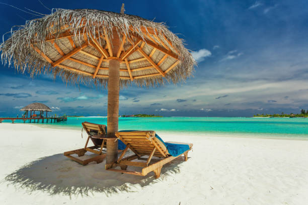 istock Two chairs and umbrella on stunning tropical beach, Maldives 951090586