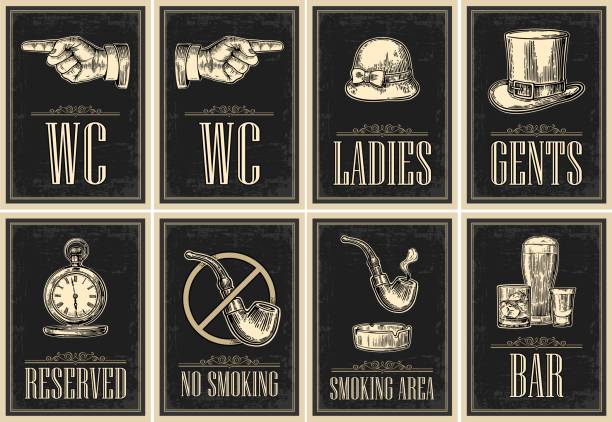 Set signboard. Pointing finger. Toilet retro vintage grunge poster for ladies, cents. The Sign No Smoking in Vintage Style. Vector engraved illustration on dark background. For bars, cafe, pub