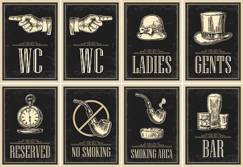 Set signboard. Pointing finger. Toilet retro vintage grunge poster for ladies, cents. The Sign No Smoking in Vintage Style. Vector engraved illustration on dark background. For bars, cafe, pub