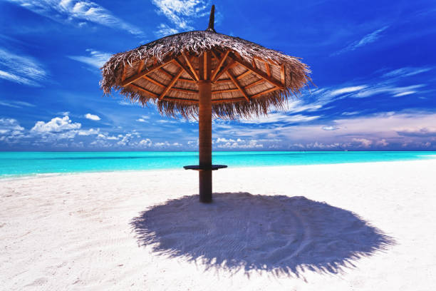 istock Beach umbrella on white sand next to lagoon 951091630