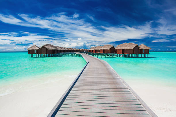 istock Overwater villas on the tropical lagoon connected by jetty 951091826