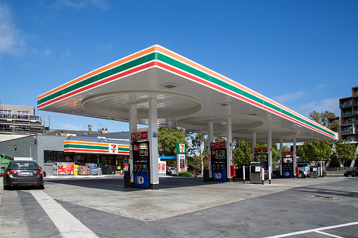 Details from gas station. Gasoline pistols  and gas can close up shot.