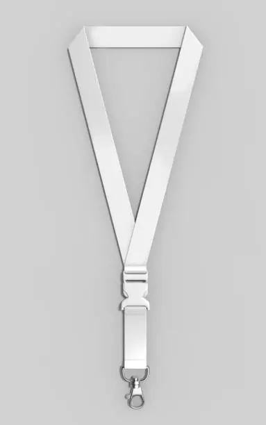 Photo of Blank Lanyard with metal snap hook and detachable plastic buckle for print design presentation. 3d render illustration.