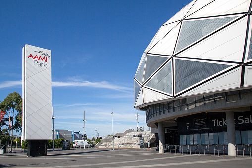 Melbourne, Australia: April 09, 2018: The Melbourne Rectangular Stadium commercially known as AAMI Park is home to Melbourne Storm, Victory, City and the Rebels. It is located at Olympic Park.