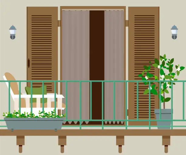 Vector illustration of balcony with furniture and flowerpots