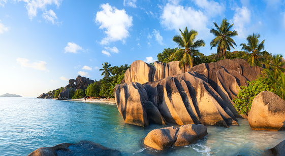 Panorama of Anse Source d'Argent - Beach on island La Digue in Seychelles