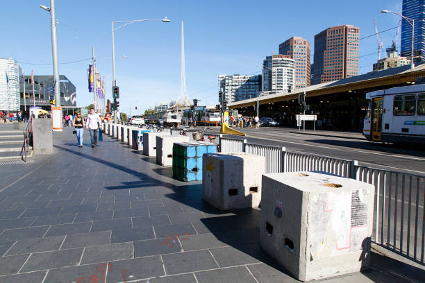 Melbourne, Australia: April 09, 2018: View of Federation Square with the newly installed concrete blocks as protection against terrorism.