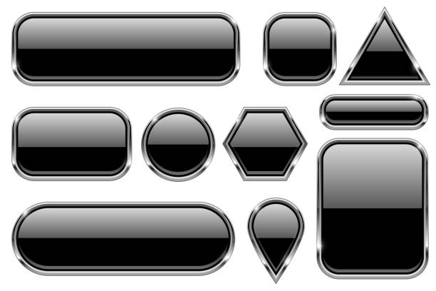 черные стеклянные кнопки с хромированной рамой. набор геометрических иконок в форме 3d - ellipse chrome banner sign stock illustrations