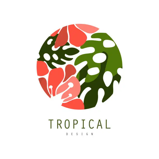 Vector illustration of Tropical logo template design, round badge with palm leaves and red exotic flowers vector Illustration on a white background