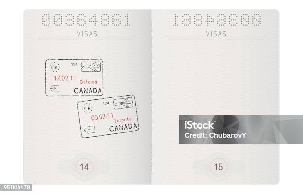 Passport Pages With Stamp Of Ottawa And Toronto Canada Stock Illustration - Download Image Now