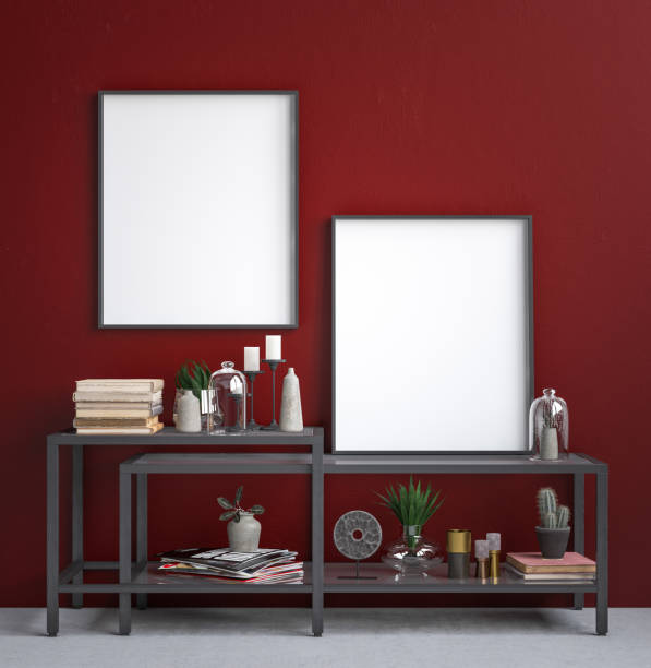 istock Mock up poster frame in decorated dark red interior background 951105848