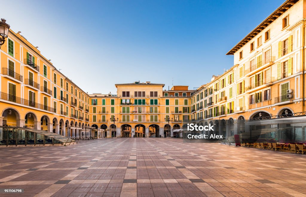 Spain, Plaza de Mayor at the old town of Palma de Mallorca Idyllic view of Plaza de Mayor of Palma de Majorca, Spain Balearic Islands Palma - Majorca Stock Photo