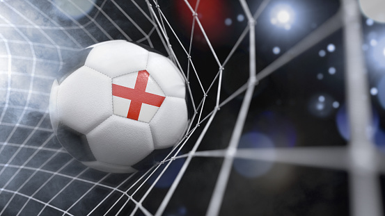 Very realistic rendering of a soccer ball with the flag of England in the net.(3D illustration series)