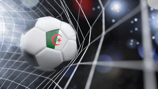 Very realistic rendering of a soccer ball with the flag of Algeria in the net.(3D illustration 3D illustration series)
