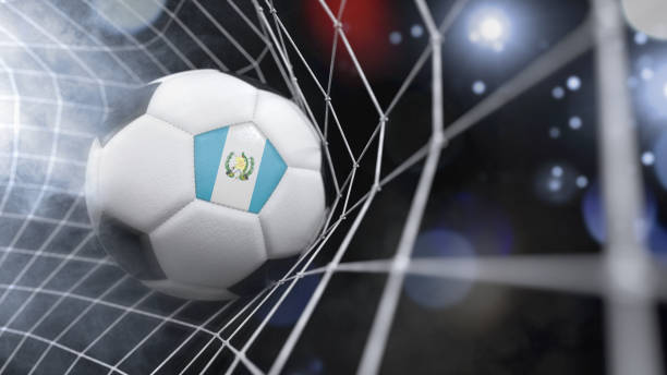 realistyczna piłka nożna w siatce z flagą gwatemali. (seria ilustracji 3d) - guatemalan flag zdjęcia i obrazy z banku zdjęć